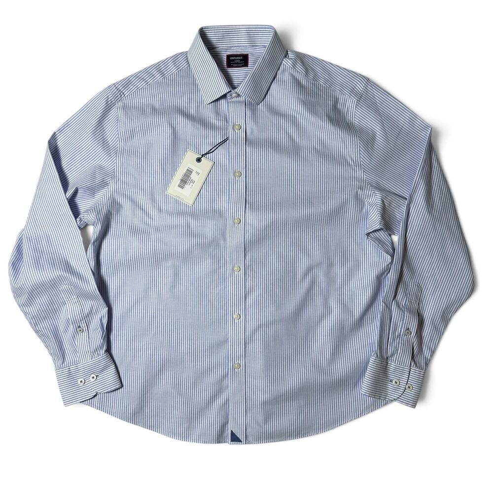 UNTUCKit Arden Wrinkle-Free Shirt Mens Size L Blue White Stripe Relaxed Fit NWT